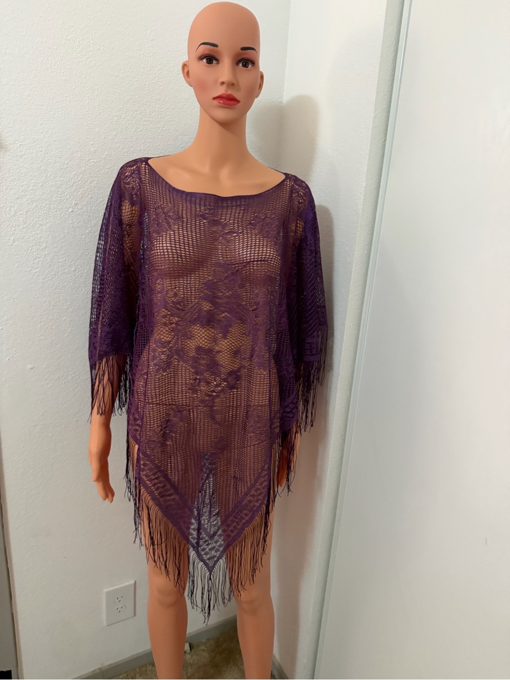 Purple Crochet Lace Fringe Boho Beach Cover Up One Size